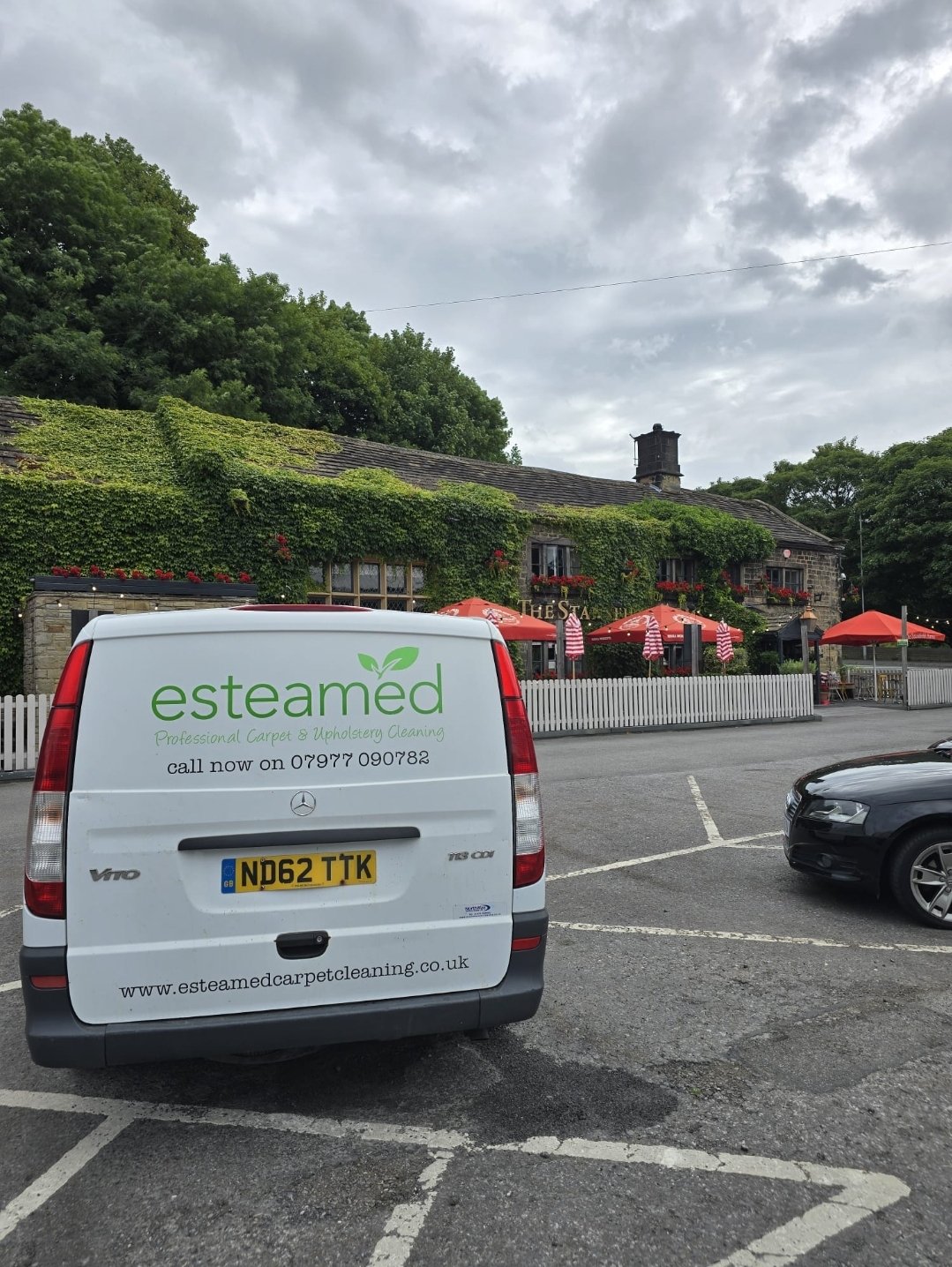Esteamed van outside The Stansfield Arms — professional carpet cleaning at the iconic Apperley Bridge pub