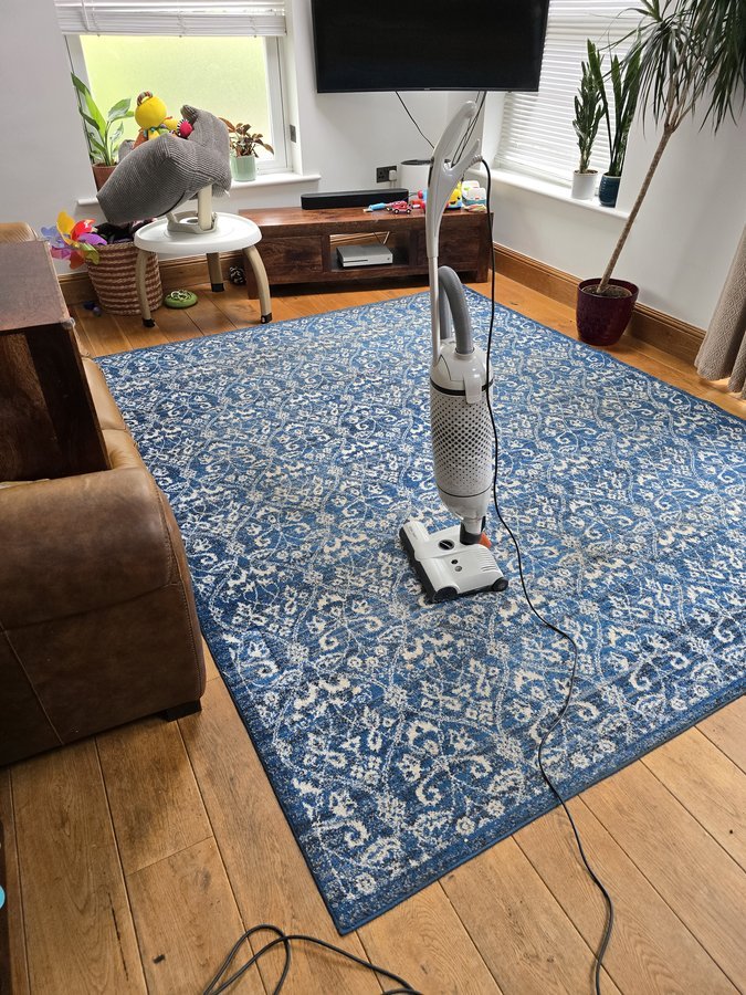 Professional carpet cleaning equipment on a blue Oriental rug in an Otley home